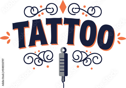 Tattoo lettering with decorative elements and tattoo machine vector illustration 