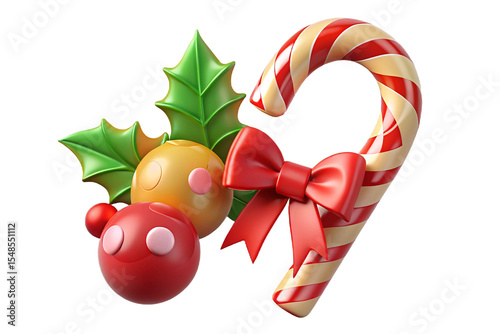3D Candy Cane with Bow, Holly, and Ornaments Clipart