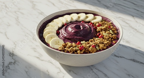Wallpaper Mural Indulge in this vibrant acai bowl, a perfect blend of creamy acai puree, sliced bananas, crunchy granola, and juicy cranberries, bathed in sunlight on a marble surface. Torontodigital.ca