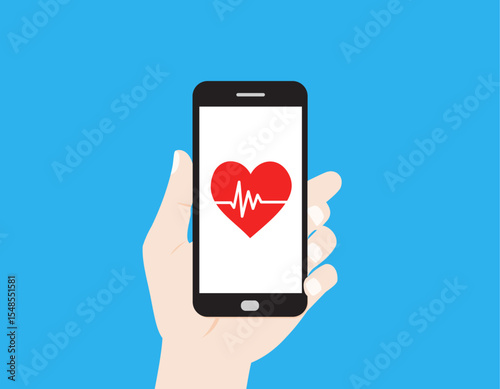 A hand holds a smartphone displaying a red heart with an ECG line.