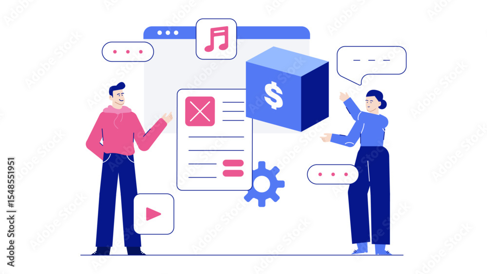 Illustration of two people discussing digital media monetization. Perfect for marketing materials, presentations, and website illustrations related to media content. Illustration of two people discussing digital media monetization. Perfect for marketing materials, presentations, and website illustrations related to media content.