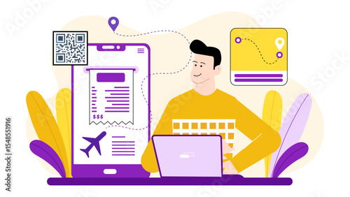 Person booking flight online with a QR code, ideal for travel or technology concepts in websites, blogs, or advertisements.