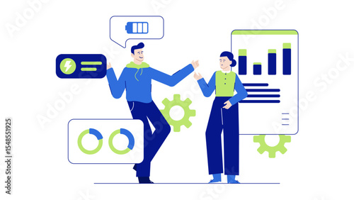 Two people discussing energy efficiency data suitable for presentations, articles, blogs on renewable energy, sustainability, green technology, environmental conservation.