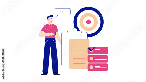 Man reviewing a checklist near a target, suitable for business goals setting concepts, strategic planning, project management, progress tracking presentations.