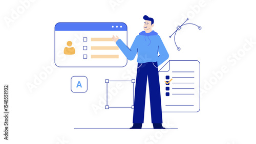 Ideal for web developers showcasing their UI designs. Man presenting user interface elements, suitable for tech blogs and design tutorials.