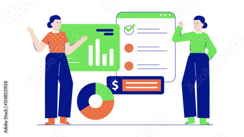 Two women presenting financial data and charts, suitable for business presentations, corporate reports, financial blogs, and investment websites.