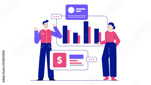 Suitable for finance blogs, presentations, corporate websites. Shows two colleagues analyzing financial charts together in a business meeting.