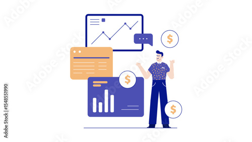 Man joyfully celebrates financial success with vibrant graphs and dollar signs; ideal for business presentations, financial blogs, and investment promotions.