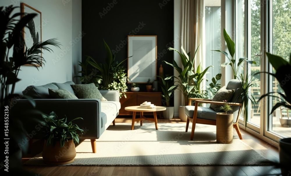 Fototapeta premium A modern Nordic haven where sleek grey sofa and armchair embraced the warmth of a cozy carpet surrounded by lush potted plants creating a serene and inviting atmosphere