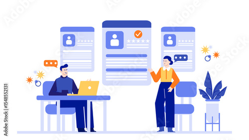 Two people analyzing online profiles, discussing employee ratings. Suitable for HR, job search, social media content, career coaching materials.