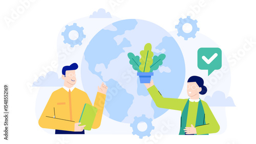 Two people presenting a potted plant near a globe. Suitable for environmental and sustainability presentations, Earth Day promotions, global education.