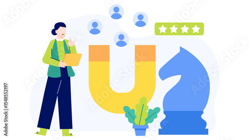 Woman strategizing customer acquisition, suitable for marketing materials, business presentations, and digital advertising campaigns. Insightful and professional concept.