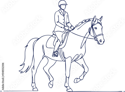 Equestrian horse rider performing dressage in detailed line art style vector illustration 