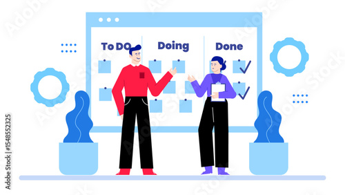 Two people organizing tasks on a digital todo list. Suitable for productivity apps, remote teamwork tools, scheduling websites, business blogs.