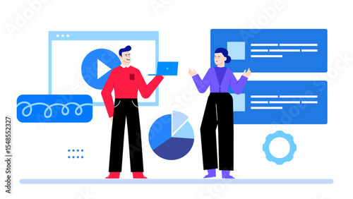 Two people discussing a video and data, suitable for presentations, business meetings, technology blogs, or educational materials on visual communication.