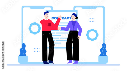 Two people signing a contract on digital devices. Suitable for business partnerships, online agreements, remote collaborations, modern technology concepts.