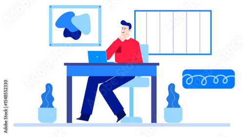 Man working at his blue desk. Suitable for office, business, work from home concept designs, website graphics, and social media posts.