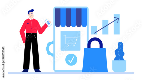 Online shopping success displayed through rising graph. Ideal for business blogs, financial presentations, ecommerce websites, and marketing materials.