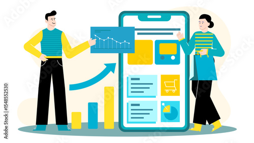 Perfect for tech related presentations or blog posts, showcasing a team reviewing analytics trends in a digital platform. Suitable for infographics.