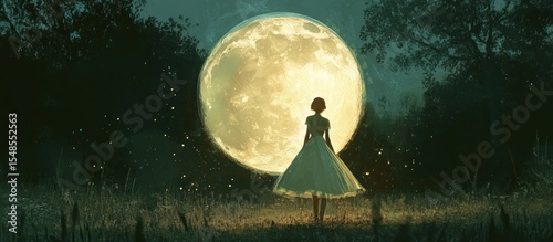 Woman in a field under a large moon
