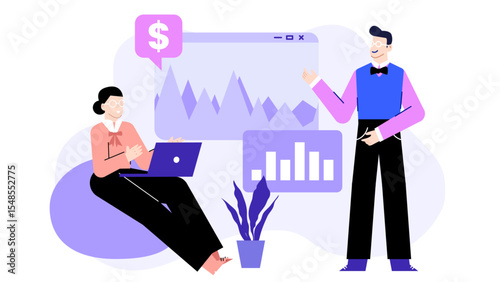 Two businesspeople analyzing financial data, suitable for presentations, reports, websites, and articles on business, finance, and analytics.