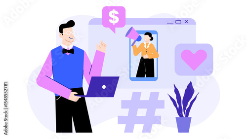 Man using laptop and hashtag symbolizes online marketing strategy. Ideal for social media marketing, business blogs, digital advertising presentations.
