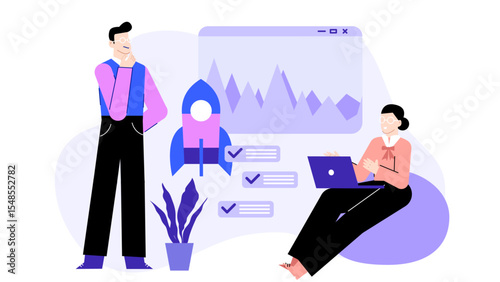 Two people discussing business launch strategy, suitable for presentations, promotional materials, entrepreneurship blogs, startup websites, and social media posts.