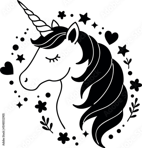 Unicorn head with closed eyes surrounded by stars hearts and flowers vector illustration 