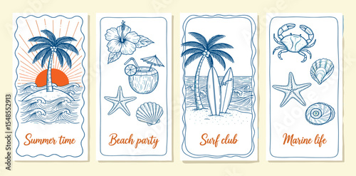 Set of trendy summer poster in sketch style. Vintage prints with hand drawn palm tree, sun, sea, crab, wave, seashells. 