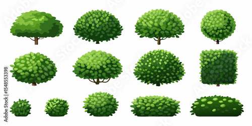 Cartoon shrub bush set. Garden green decoration bushes, illustrated hedge shrubs plants isolated on white background