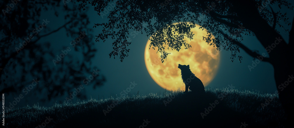 Fototapeta premium A lone wolf howls under the bright full moon, its dark silhouette clearly outlined against the bright orb, in a moody, atmospheric night sky filled with stars.