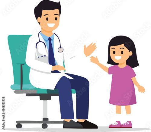 Flat vector of a male doctor having a cheerful conversation with a little girl in a hospital setting