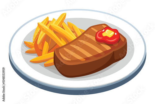 Cartoon Steak and Fries with Ketchup on a White Plate