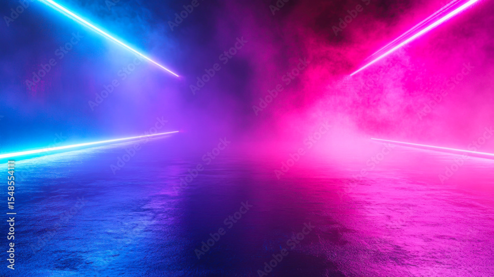 Fototapeta premium Blue and purple neon lights, misty metallic background, scifi