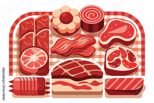 Stylized Assortment of Raw Meats on a Checked Picnic Blanket Graphic