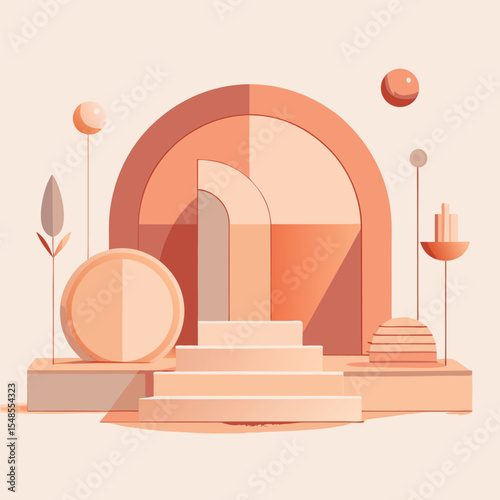 Minimal Abstract Peach Mockup Stage with Geometric Shapes, Linear Vector Illustration