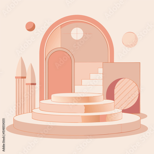 Minimal Abstract Peach Mockup Stage with Geometric Shapes, Linear Vector Illustration