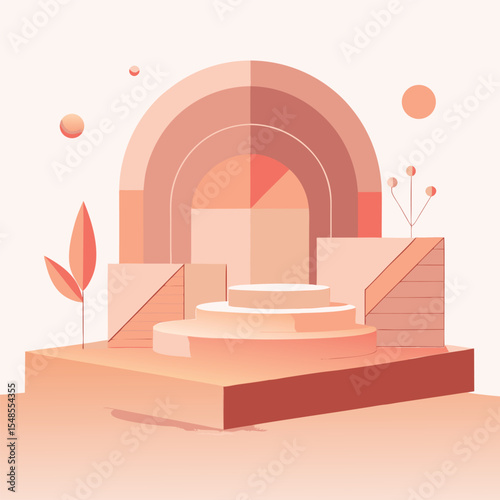 Minimal Abstract Peach Mockup Stage with Geometric Shapes, Linear Vector Illustration