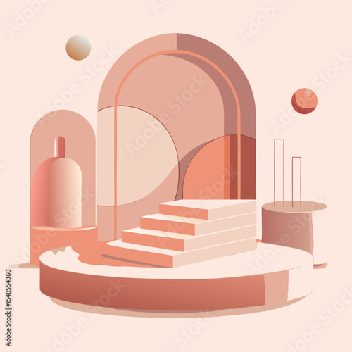 Minimal Abstract Peach Mockup Stage with Geometric Shapes, Linear Vector Illustration