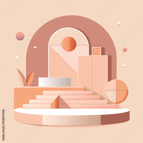 Minimal Abstract Peach Mockup Stage with Geometric Shapes, Linear Vector Illustration