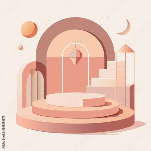 Minimal Abstract Peach Mockup Stage with Geometric Shapes, Linear Vector Illustration