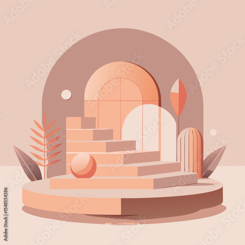 Minimal Abstract Peach Mockup Stage with Geometric Shapes, Linear Vector Illustration