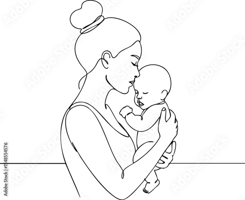 Mother holding and kissing baby tender moment line art vector illustration 