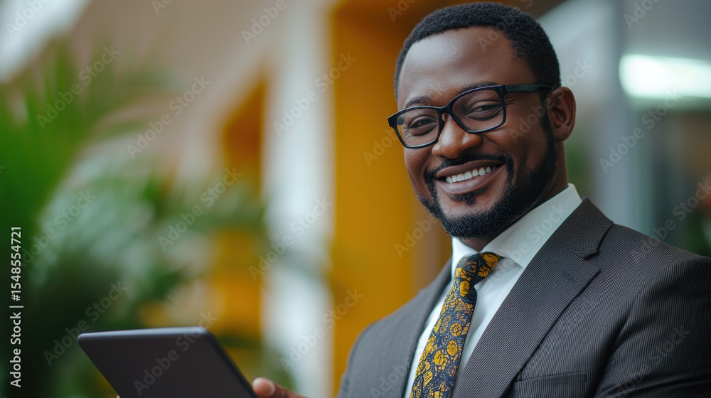 Fototapeta premium Smiling businessman using tablet PC at office