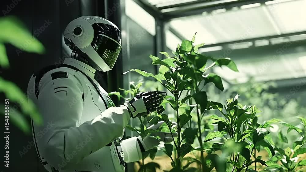 Robot tending to plants in a futuristic greenhouse, showcasing technology's role in agriculture
