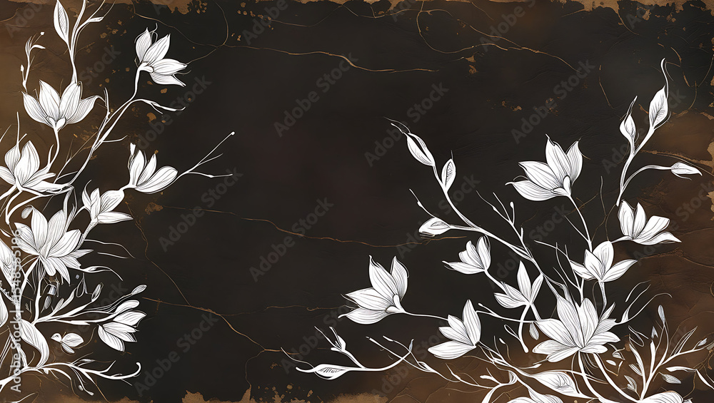 White hand-drawn floral illustration on a dramatic dark textured canvas.
