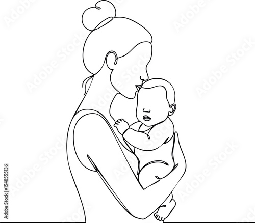 Mother holding baby in loving embrace simple line art vector illustration 