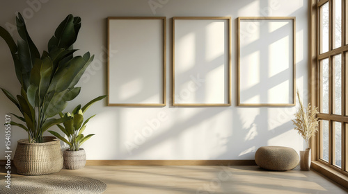 boho blank frame on minimalist wall living room