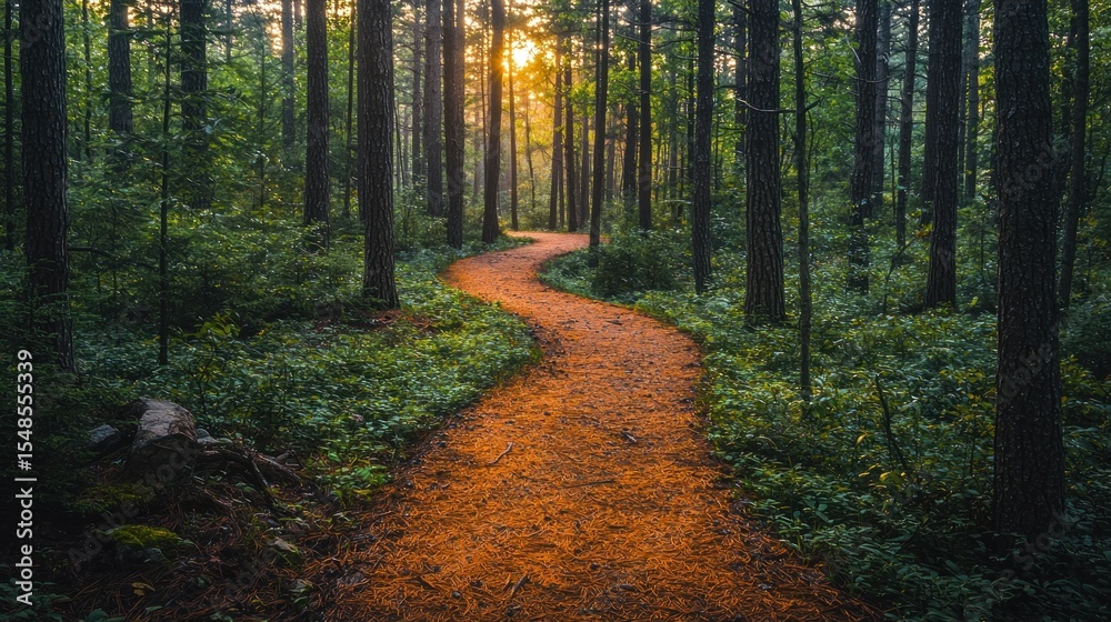 Obraz premium Winding forest path at sunrise. Sunlight filtering through trees