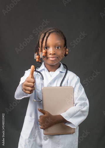 Smiling Nigerian girl in lab coat with stethoscope, holding a tablet and giving a thumbs-up—symbolizing confidence, academic ambition, and a future in healthcare